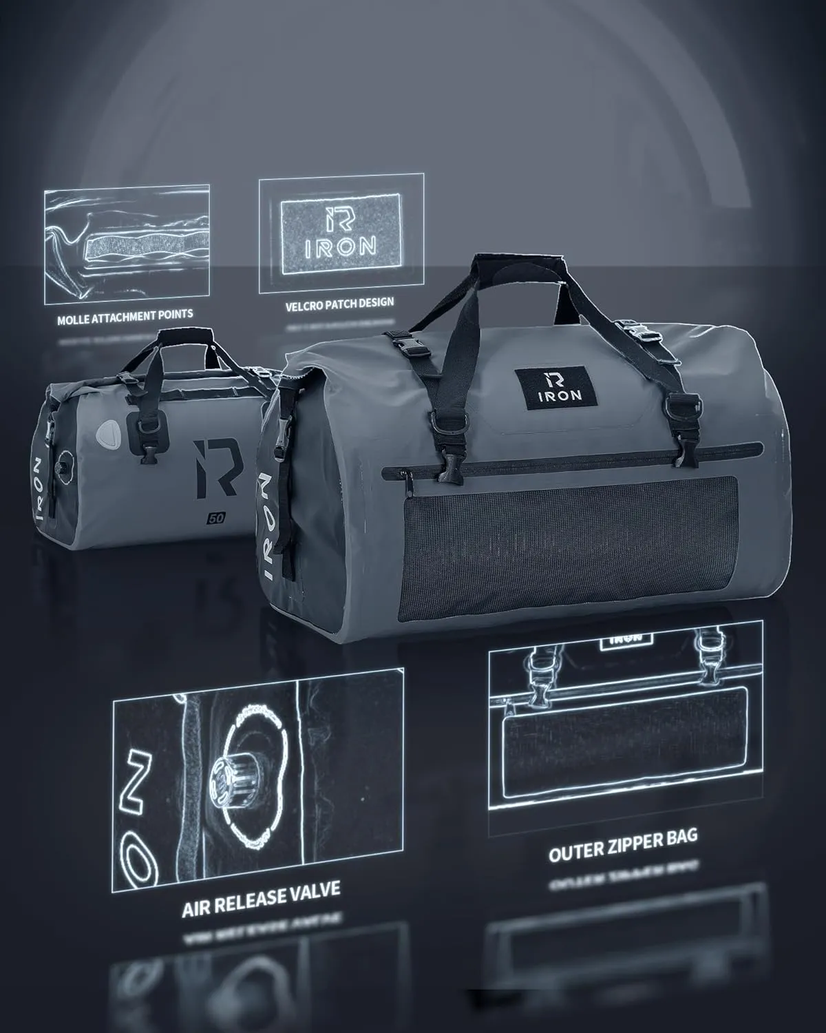 IRON JIA'S Motorcycle Dry Bag - Waterproof Duffle & Luggage Tail Bag Saddle Bags with Roll Top Closure, Shoulder Straps, Inner Pocket and Mesh Pocket (Grey, 50L)