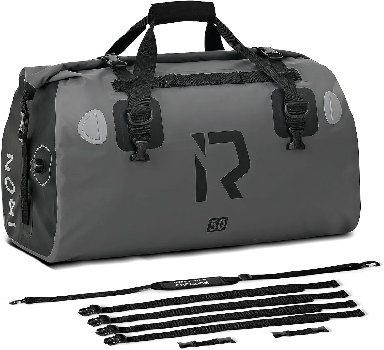 IRON JIA'S Motorcycle Dry Bag - Waterproof Duffle & Luggage Tail Bag Saddle Bags with Roll Top Closure, Shoulder Straps, Inner Pocket and Mesh Pocket (Grey, 50L)