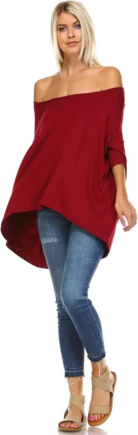 Isaac Liev Women's Tunic Top – Casual 3/4 Batwing Dolman Sleeve Off Shoulder Baggy Loose Fit Flowy T Shirt Blouse