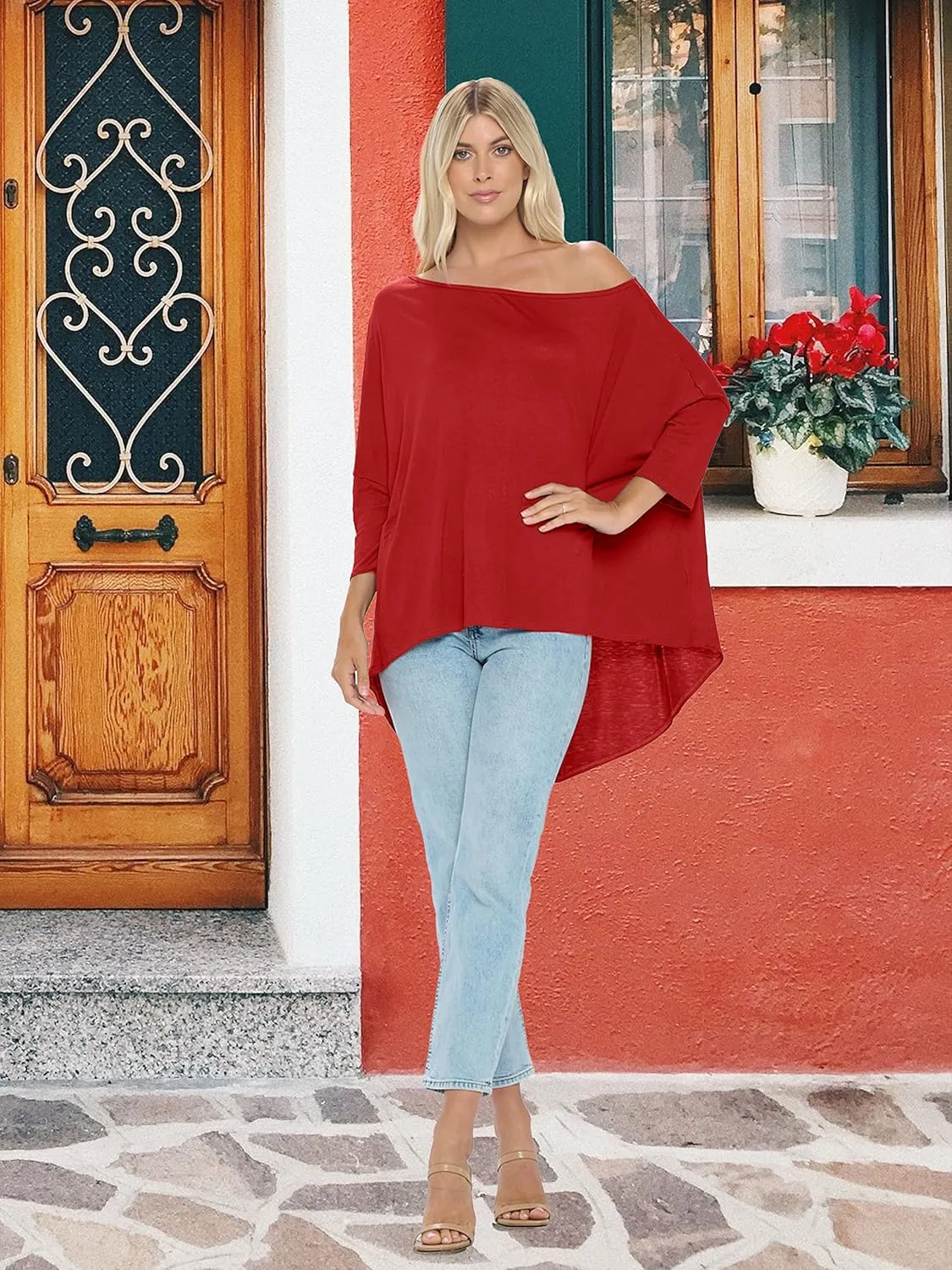 Isaac Liev Women's Tunic Top – Casual 3/4 Batwing Dolman Sleeve Off Shoulder Baggy Loose Fit Flowy T Shirt Blouse