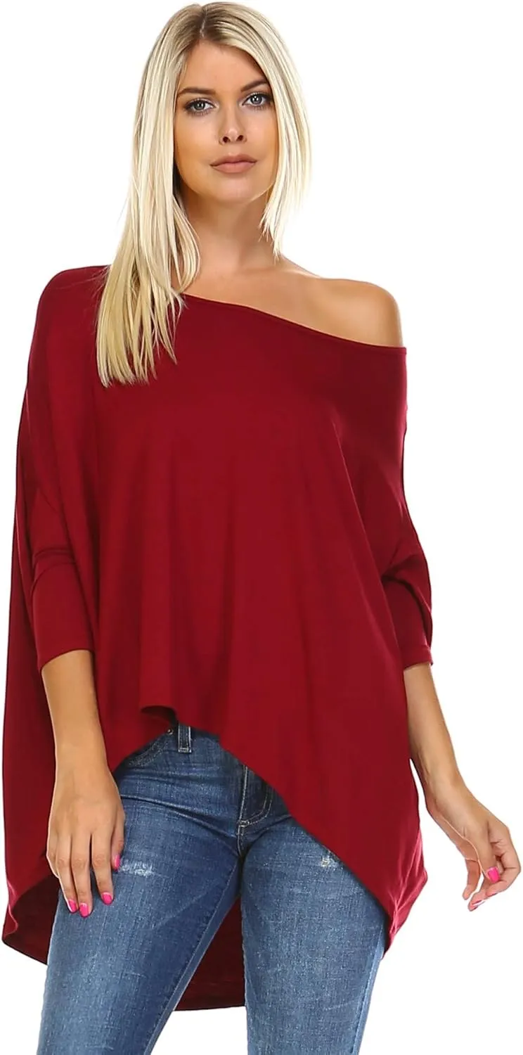 Isaac Liev Women's Tunic Top – Casual 3/4 Batwing Dolman Sleeve Off Shoulder Baggy Loose Fit Flowy T Shirt Blouse