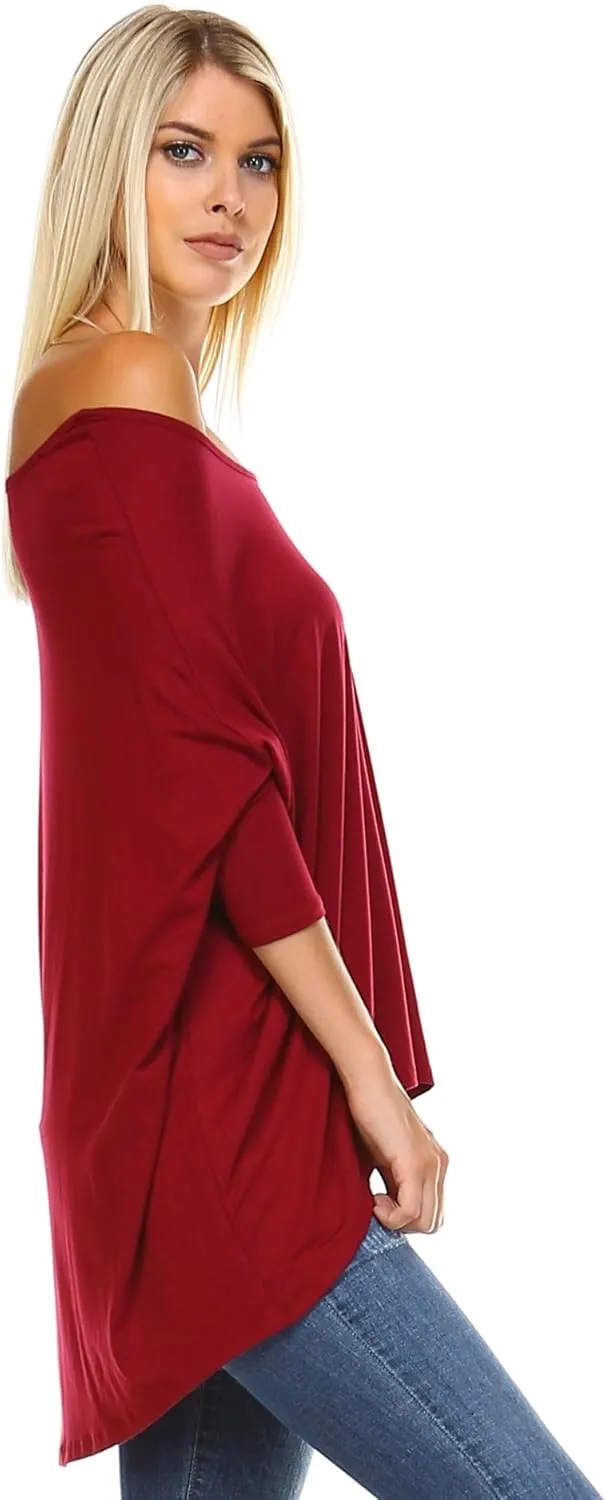 Isaac Liev Women's Tunic Top – Casual 3/4 Batwing Dolman Sleeve Off Shoulder Baggy Loose Fit Flowy T Shirt Blouse