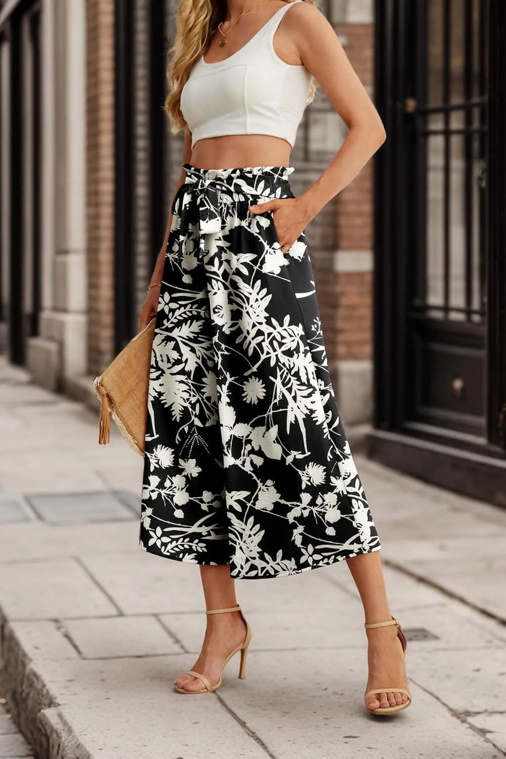 IWOLLENCE Women Flowy Loose Wide Leg Pant Summer Beach Casual Trousers high Waist Adjustable Knot Business Work Casual Pants