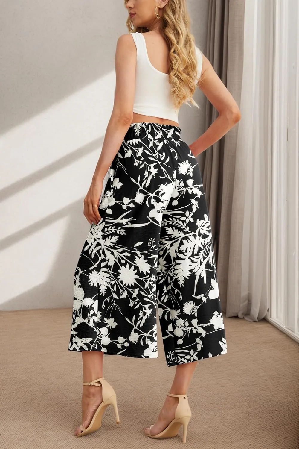 IWOLLENCE Women Flowy Loose Wide Leg Pant Summer Beach Casual Trousers high Waist Adjustable Knot Business Work Casual Pants