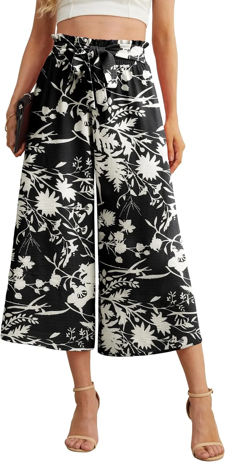 IWOLLENCE Women Flowy Loose Wide Leg Pant Summer Beach Casual Trousers high Waist Adjustable Knot Business Work Casual Pants