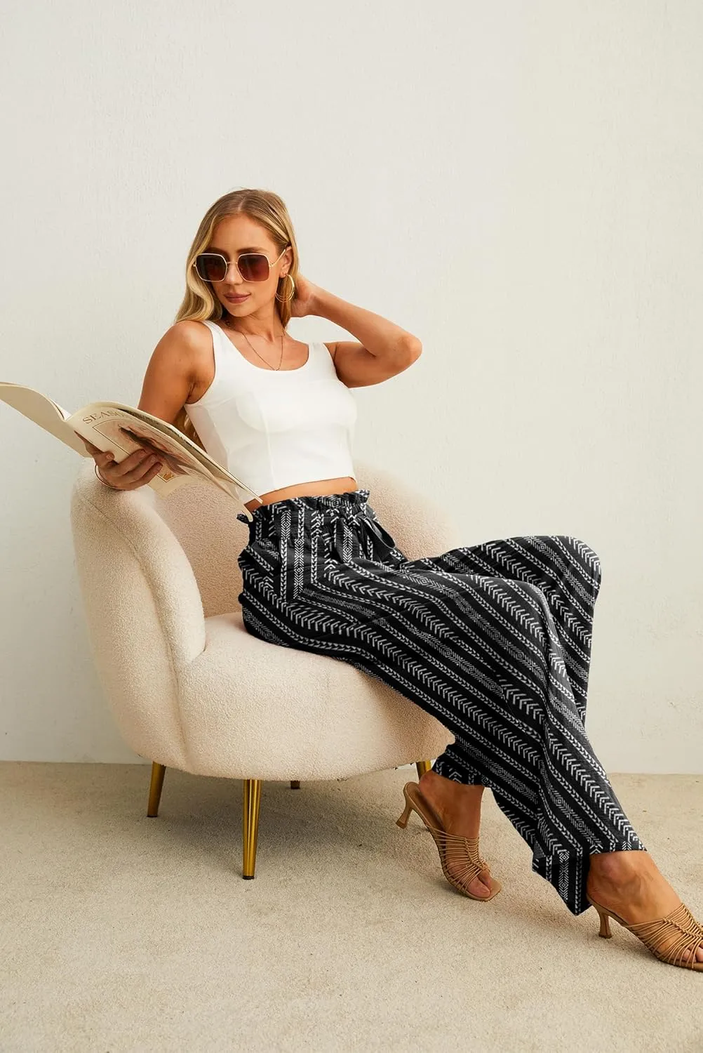 IWOLLENCE Women's Wide Leg Pants with Pockets High Waist Adjustable Knot Loose Casual Trousers Business Work Casual Pants