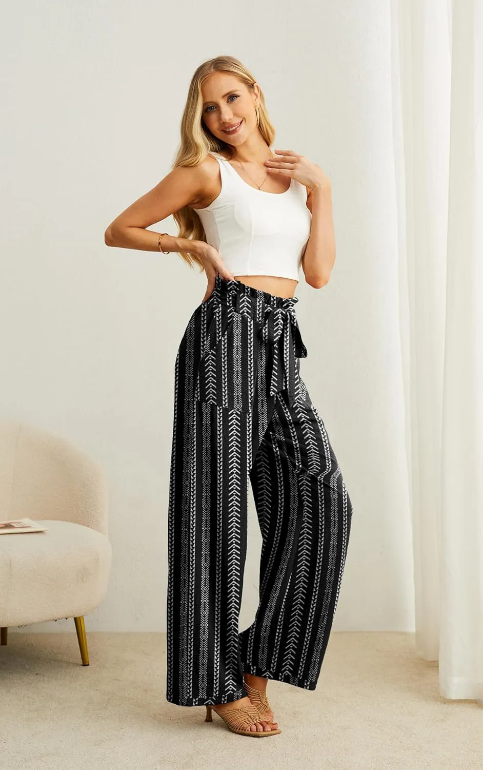 IWOLLENCE Women's Wide Leg Pants with Pockets High Waist Adjustable Knot Loose Casual Trousers Business Work Casual Pants