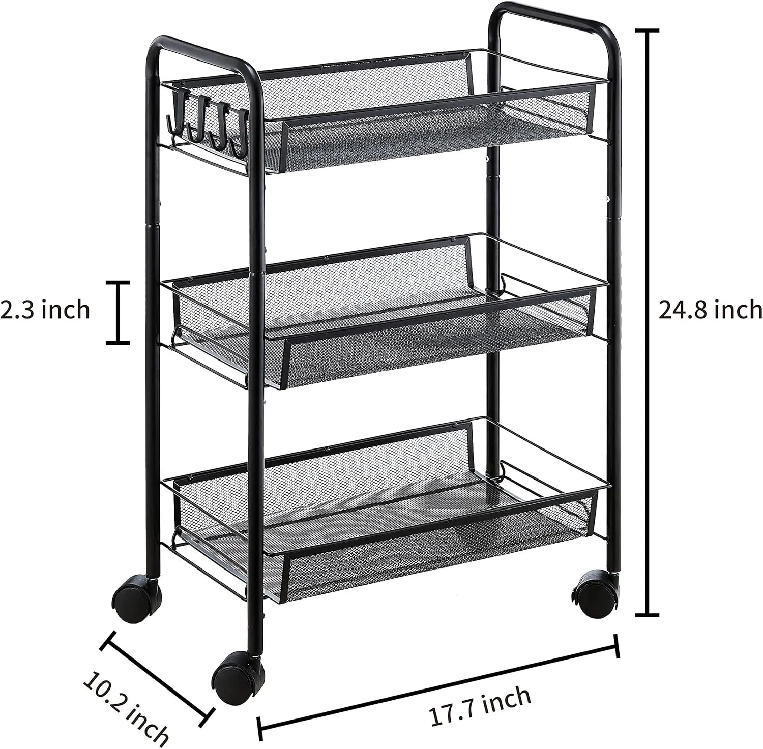 JANE EYRE 3-Tier Rolling Utility Storage Rack Cart on Wheels, Trolley Craft cart, Multi-Purpose Organizer Shelf, Black