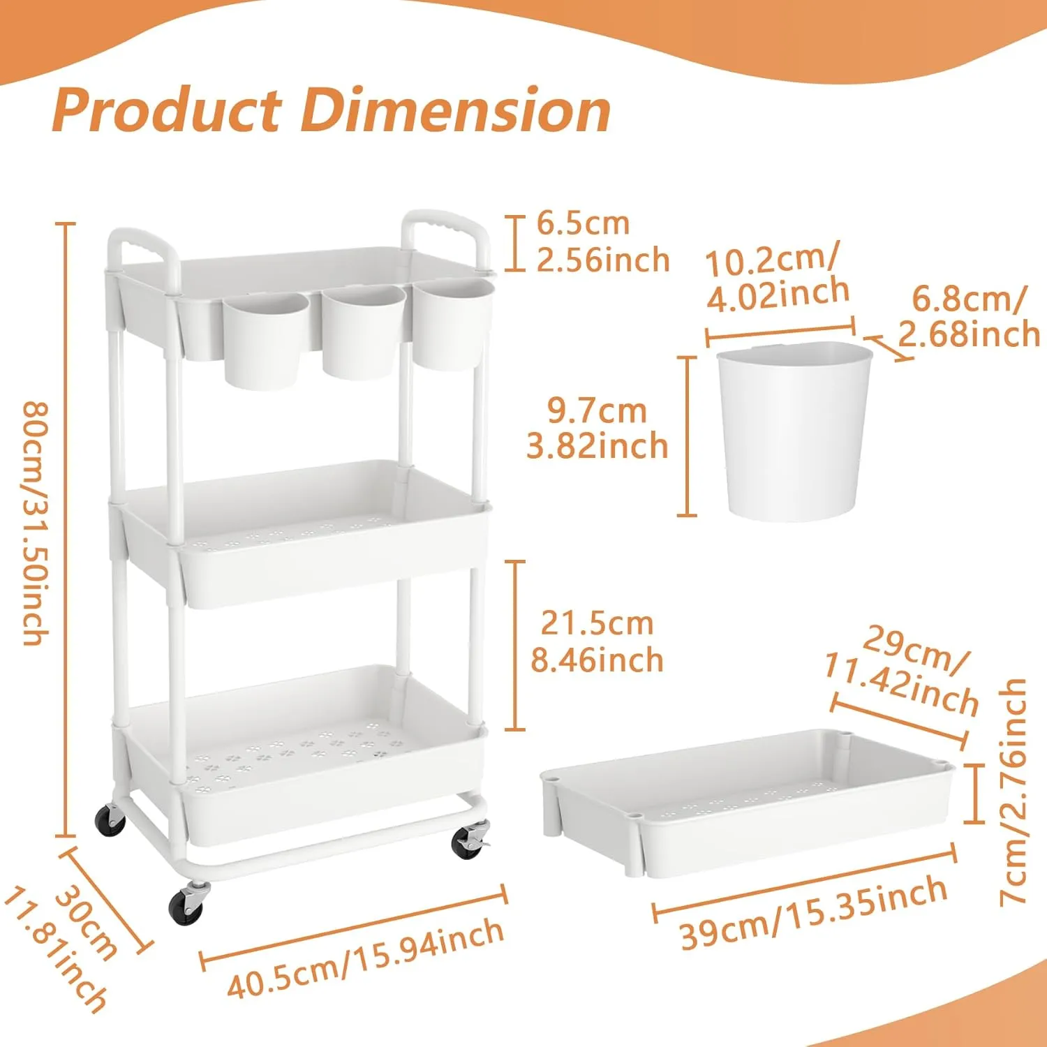 JIUYOTREE 3-Tier Plastic Rolling Storage Cart Utility Cart with Extra Hanging Cups Handles Lockable Wheels for Living Room Bathroom Kitchen Office White