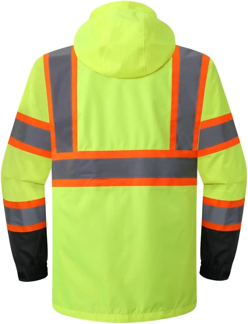 JKSafety Hi-Vis Reflective Safety Rain Jacket for Men Women Waterproof Rain Gears for Farming Fishing Work HV Rain Jacket with Inner Mesh Lining and Pockets (117A-YBlk XL)