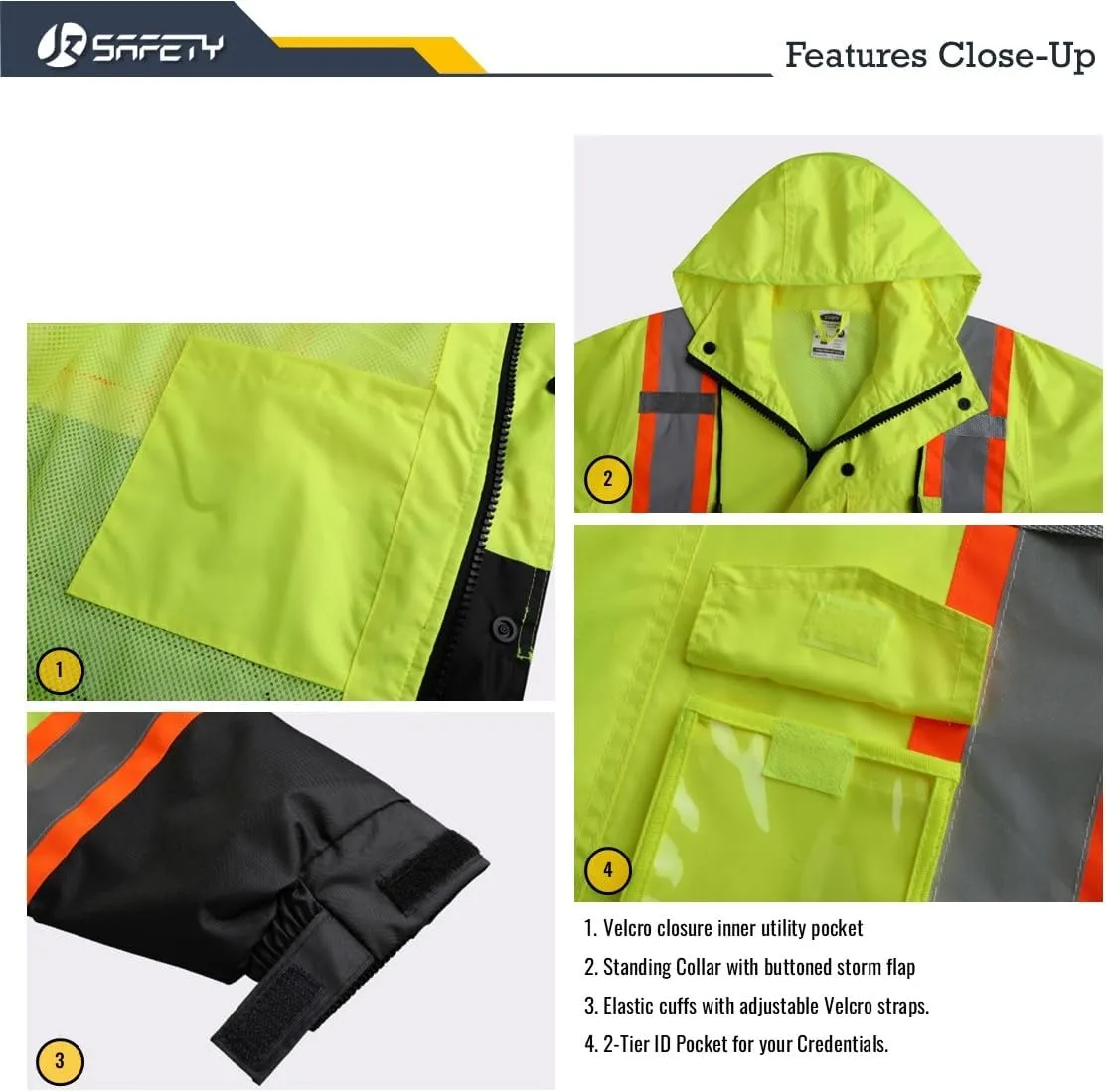 JKSafety Hi-Vis Reflective Safety Rain Jacket for Men Women Waterproof Rain Gears for Farming Fishing Work HV Rain Jacket with Inner Mesh Lining and Pockets (117A-YBlk XL)