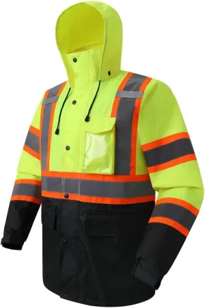 JKSafety Hi-Vis Reflective Safety Rain Jacket for Men Women Waterproof Rain Gears for Farming Fishing Work HV Rain Jacket with Inner Mesh Lining and Pockets (117A-YBlk XL)