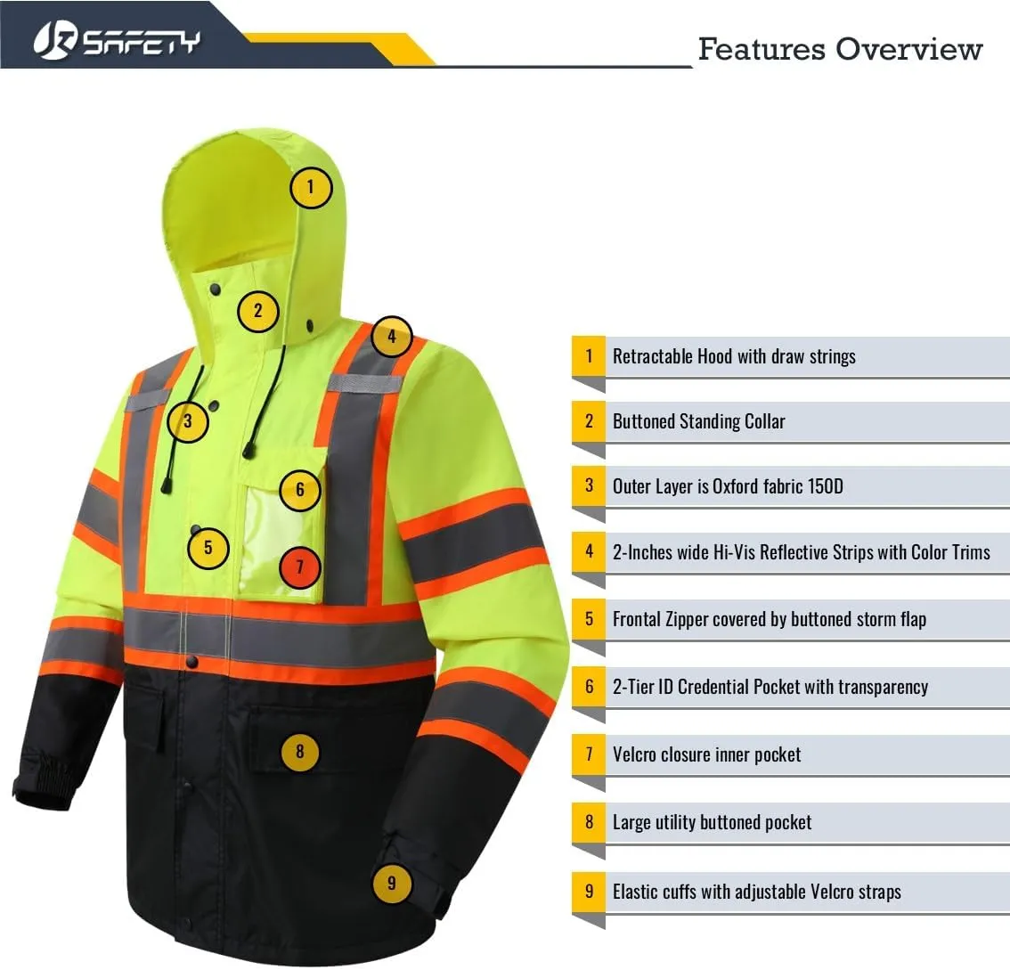 JKSafety Hi-Vis Reflective Safety Rain Jacket for Men Women Waterproof Rain Gears for Farming Fishing Work HV Rain Jacket with Inner Mesh Lining and Pockets (117A-YBlk XL)