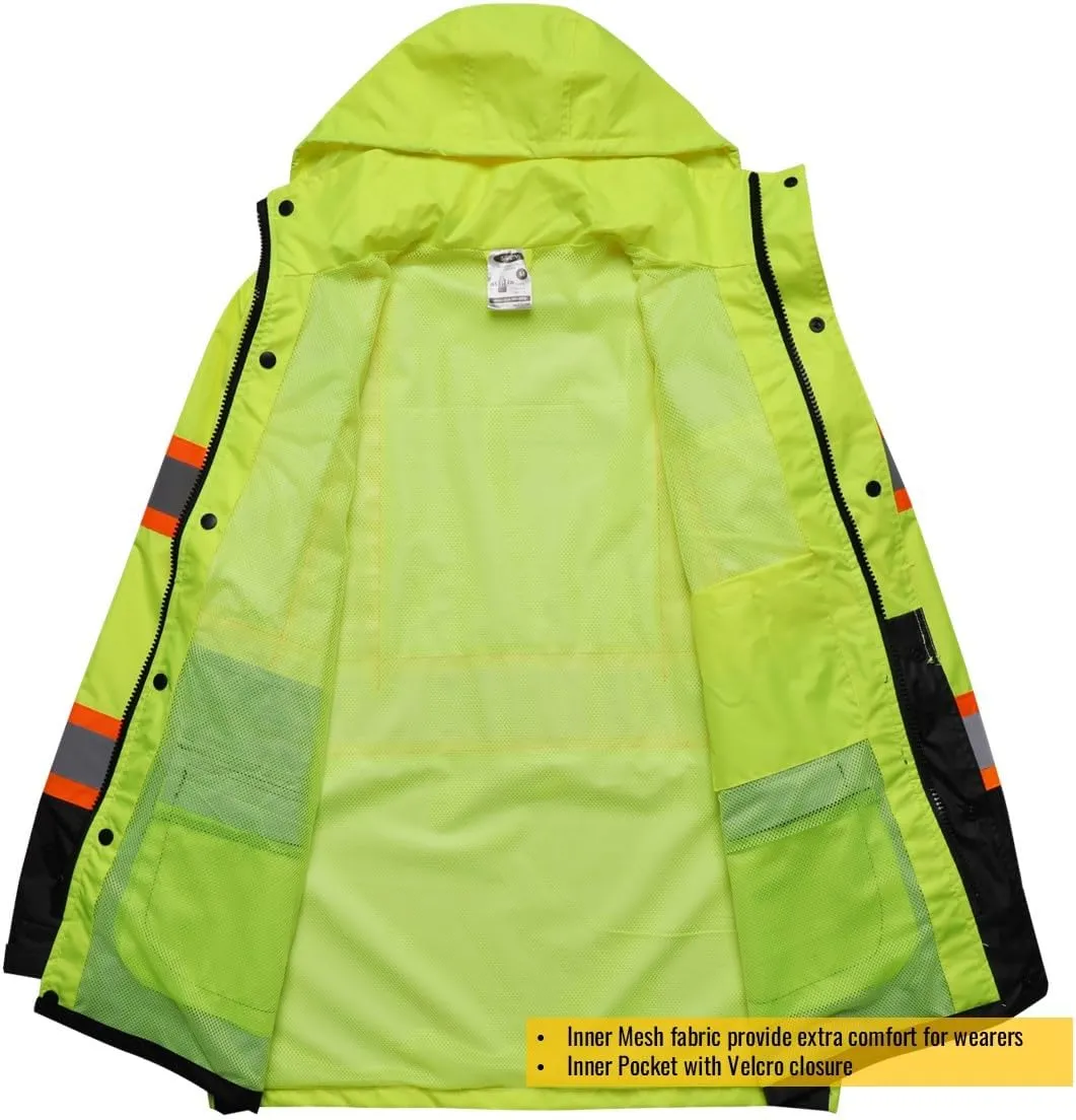JKSafety Hi-Vis Reflective Safety Rain Jacket for Men Women Waterproof Rain Gears for Farming Fishing Work HV Rain Jacket with Inner Mesh Lining and Pockets (117A-YBlk XL)