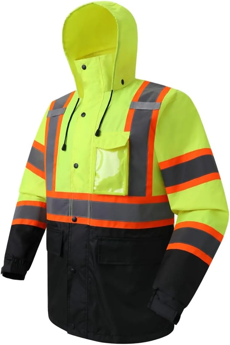 JKSafety Hi-Vis Reflective Safety Rain Jacket for Men Women Waterproof Rain Gears for Farming Fishing Work HV Rain Jacket with Inner Mesh Lining and Pockets (117A-YBlk XL)
