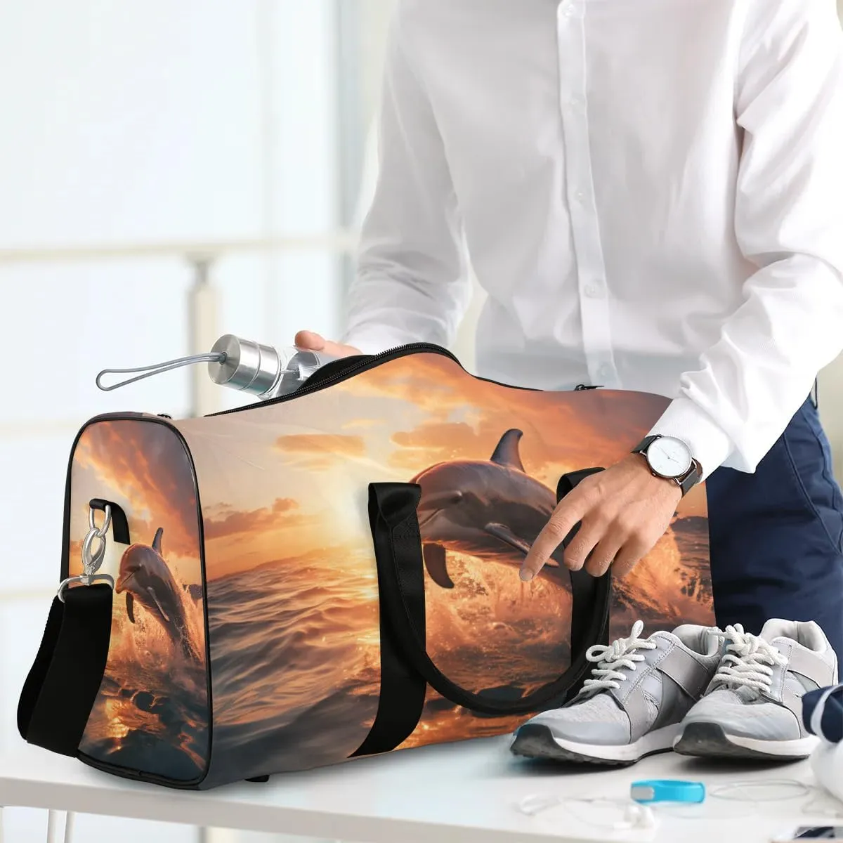Jumping Dolphin Foldable Lightweight Duffle Bag for Travel - Waterproof Carry On Bags for Airplanes, Travel Duffel Bags for Gym, Weekend