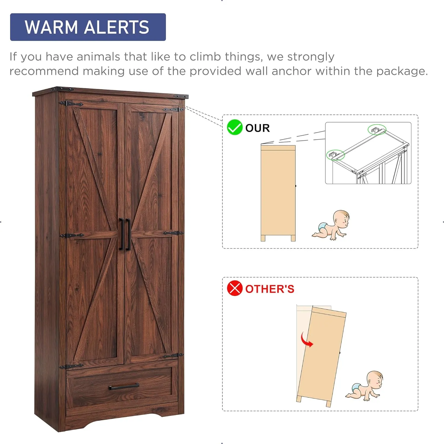 JXQTLINGMU Farmhouse Kitchen Pantry Cabinet - 72" Tall Wood Kitchen Storage Cabinets with Adjustable Shelves & 2 Barn Doors & Drawer, Versatile Storage for Dining Room, Bathroom, Rustic Brown