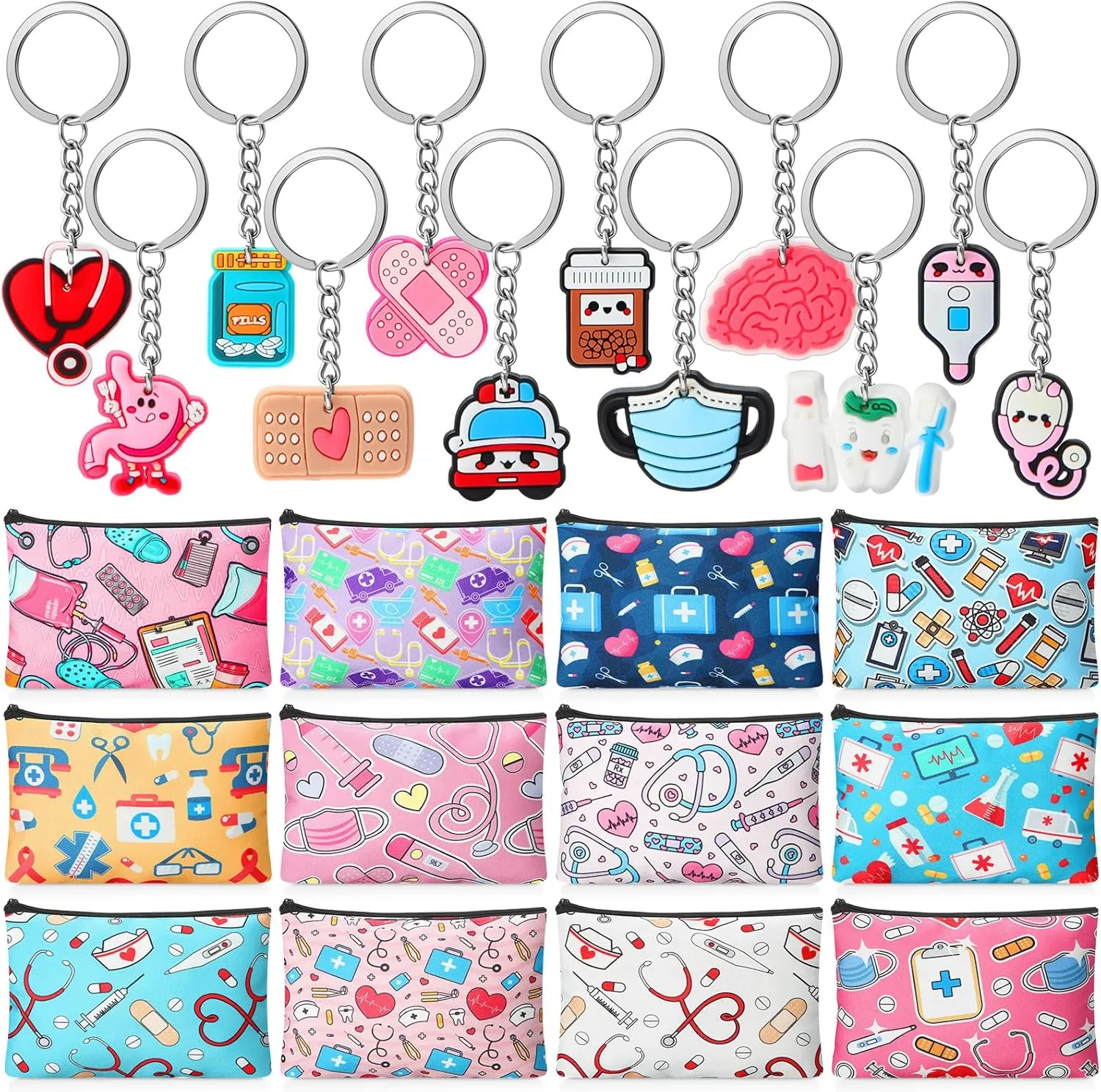 Kacctyen 24 Pcs Nurse Appreciation Gifts Set Nurses Week Gifts 12 Canvas Makeup Bag 12 Funny Keychains Travel Toiletry Bag Cosmetic Pouches with Zipper for Women Supplies
