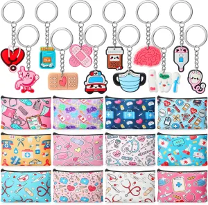 Kacctyen 24 Pcs Nurse Appreciation Gifts Set Nurses Week Gifts 12 Canvas Makeup Bag 12 Funny Keychains Travel Toiletry Bag Cosmetic Pouches with Zipper for Women Supplies