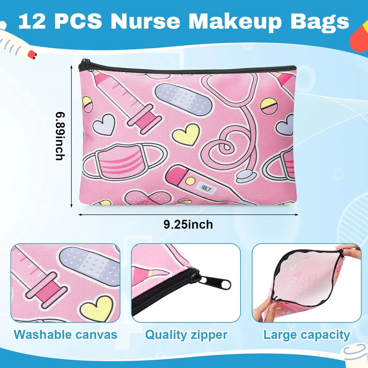 Kacctyen 24 Pcs Nurse Appreciation Gifts Set Nurses Week Gifts 12 Canvas Makeup Bag 12 Funny Keychains Travel Toiletry Bag Cosmetic Pouches with Zipper for Women Supplies