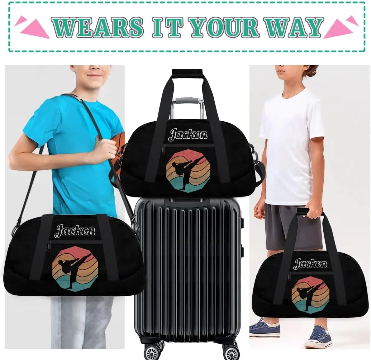 Karate Taekwondo Custom Sports Gym Bag for Girls Boys, Overnight Duffel Bags Cheerleader for Kids Personalized Dance Bag, Gymnastics Duffel Bag