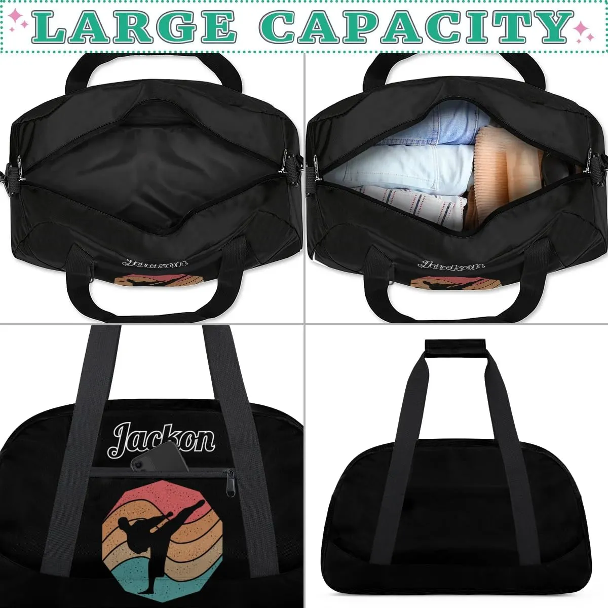 Karate Taekwondo Custom Sports Gym Bag for Girls Boys, Overnight Duffel Bags Cheerleader for Kids Personalized Dance Bag, Gymnastics Duffel Bag
