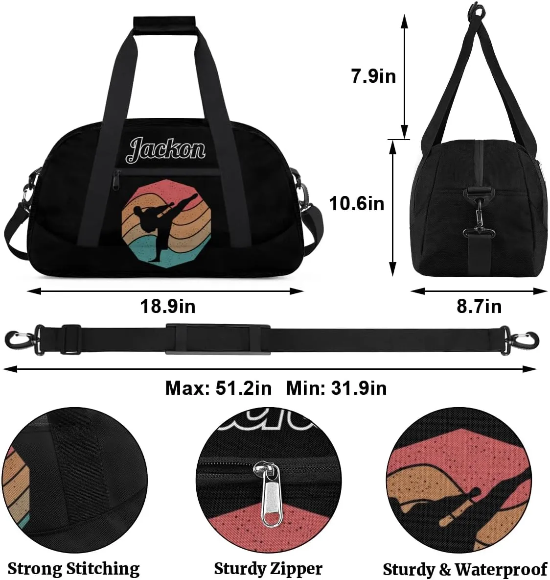 Karate Taekwondo Custom Sports Gym Bag for Girls Boys, Overnight Duffel Bags Cheerleader for Kids Personalized Dance Bag, Gymnastics Duffel Bag