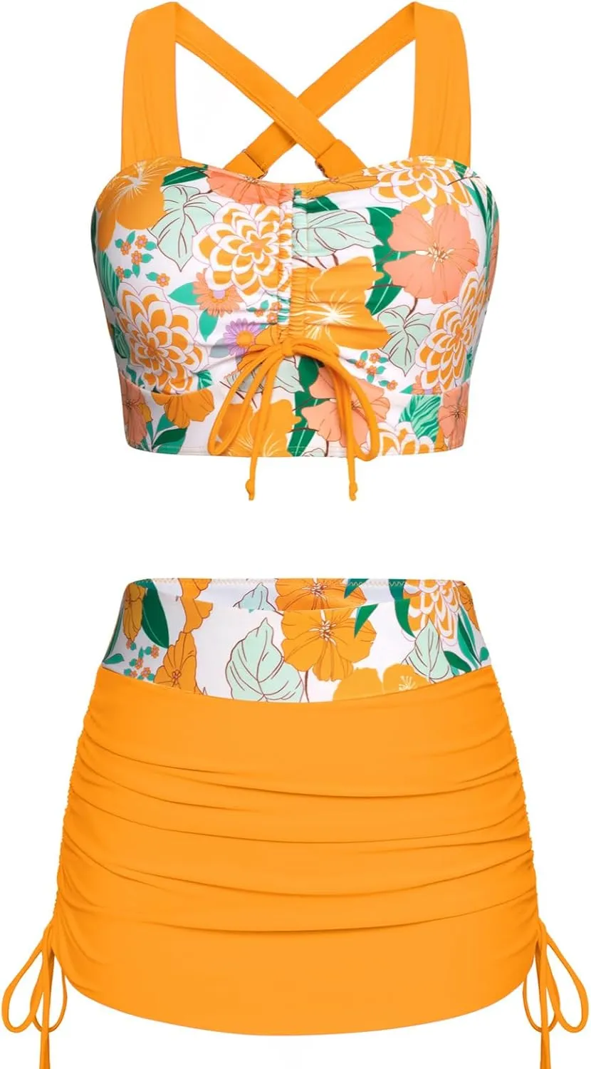 Kate Kasin Women's High Waist Bikini Set 2 Piece Crop Top Swim Skirt Modest Swimsuit Tummy Control Bathing Suit