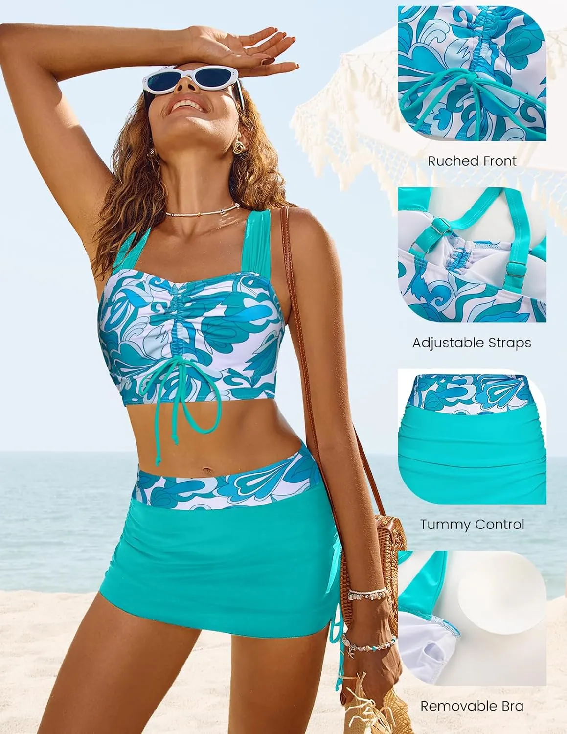 Kate Kasin Women's High Waist Bikini Set 2 Piece Crop Top Swim Skirt Modest Swimsuit Tummy Control Bathing Suit
