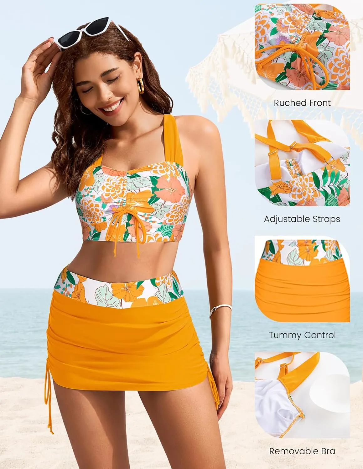 Kate Kasin Women's High Waist Bikini Set 2 Piece Crop Top Swim Skirt Modest Swimsuit Tummy Control Bathing Suit
