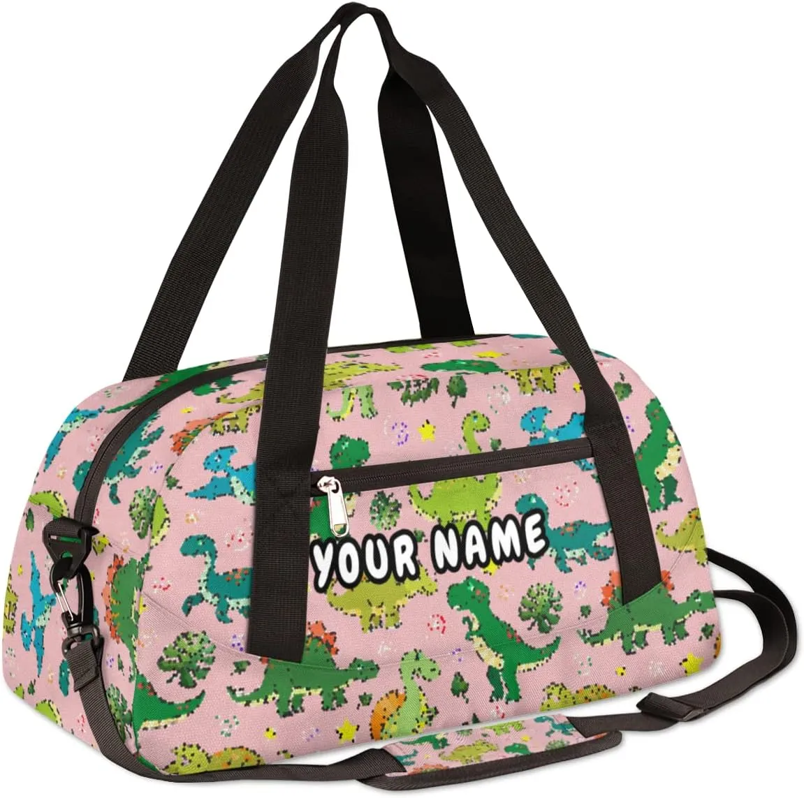 Kawaii Dinosaur Personalized Kids Duffel Bag for Girls Boys, Dinosaur Debris Custom Name Dance Bag Overnight Small Duffel Bag Carry On Weekend Sports Travel Bag for School Practice Gymnastics Ballet