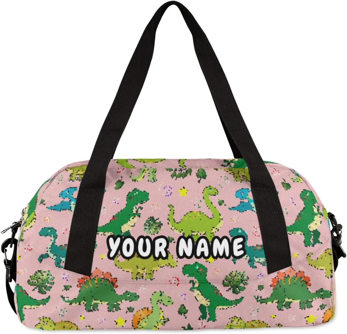 Kawaii Dinosaur Personalized Kids Duffel Bag for Girls Boys, Dinosaur Debris Custom Name Dance Bag Overnight Small Duffel Bag Carry On Weekend Sports Travel Bag for School Practice Gymnastics Ballet