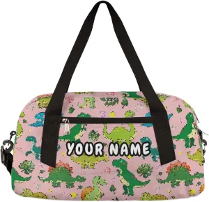 Kawaii Dinosaur Personalized Kids Duffel Bag for Girls Boys, Dinosaur Debris Custom Name Dance Bag Overnight Small Duffel Bag Carry On Weekend Sports Travel Bag for School Practice Gymnastics Ballet