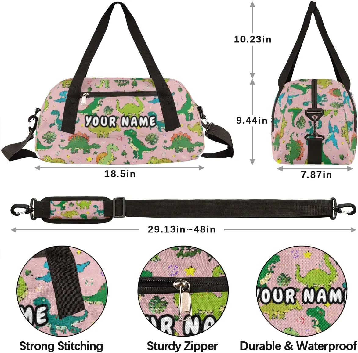 Kawaii Dinosaur Personalized Kids Duffel Bag for Girls Boys, Dinosaur Debris Custom Name Dance Bag Overnight Small Duffel Bag Carry On Weekend Sports Travel Bag for School Practice Gymnastics Ballet