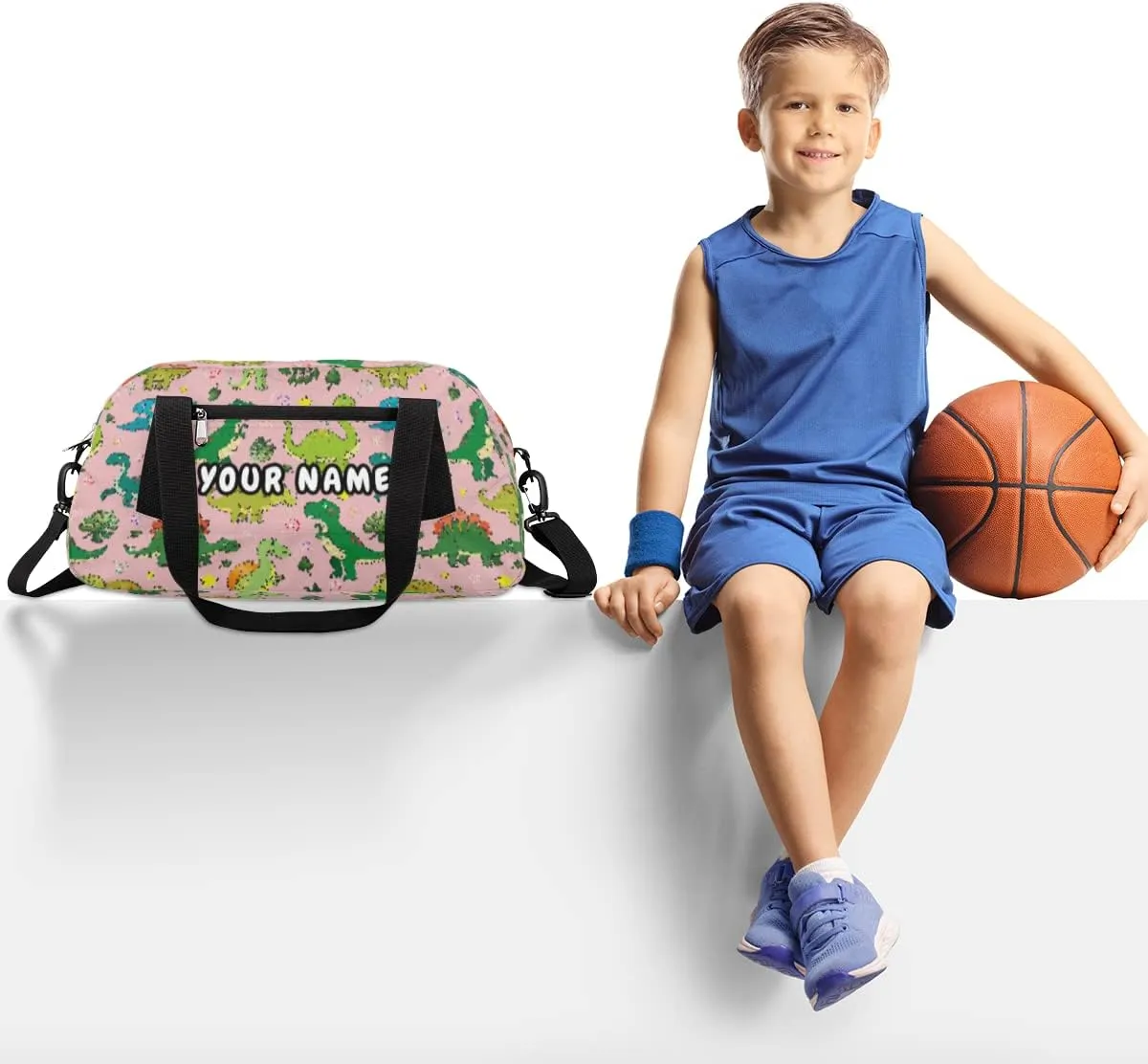 Kawaii Dinosaur Personalized Kids Duffel Bag for Girls Boys, Dinosaur Debris Custom Name Dance Bag Overnight Small Duffel Bag Carry On Weekend Sports Travel Bag for School Practice Gymnastics Ballet