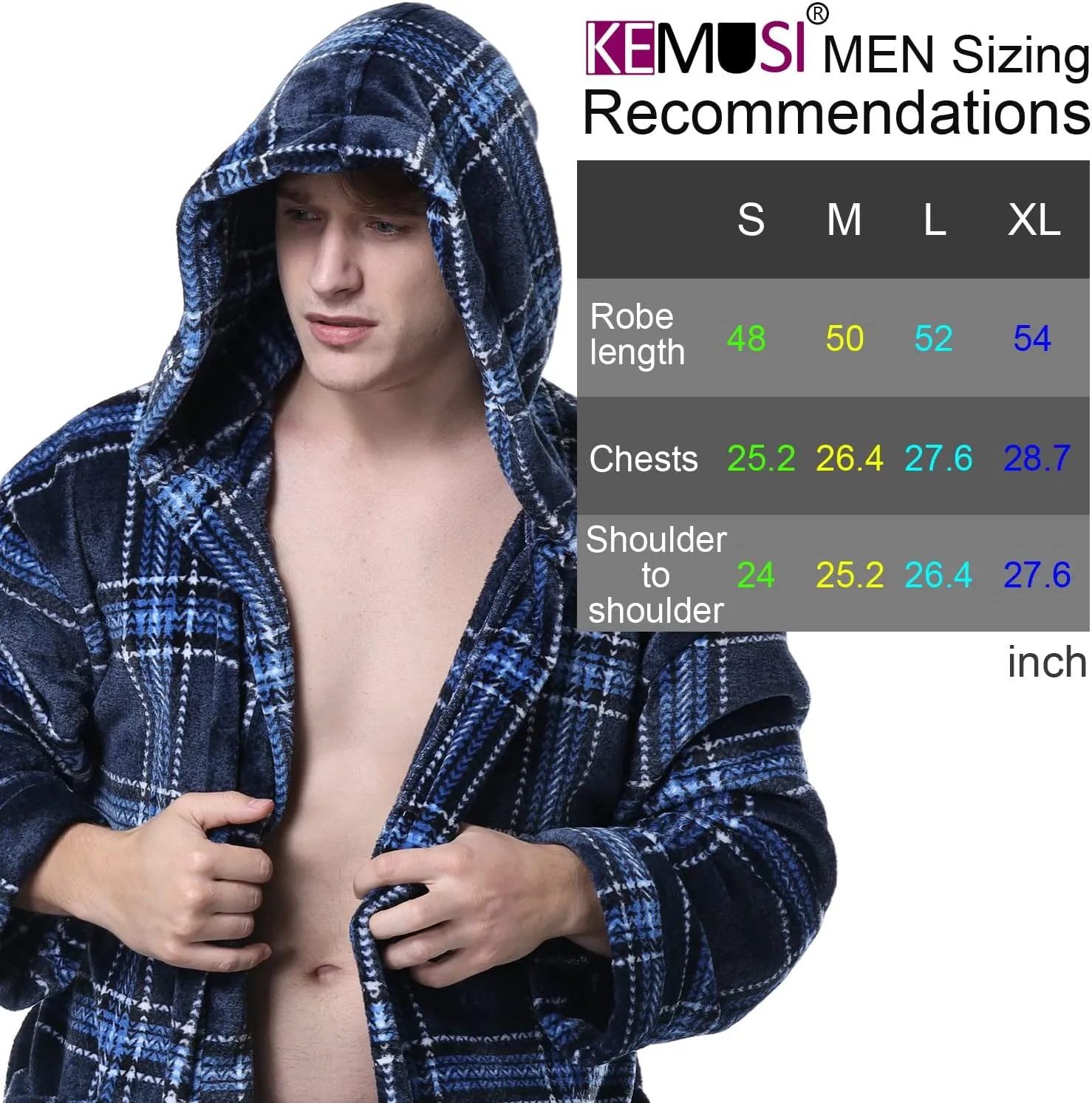 KEMUSI Hooded Herringbone Men's Soft Spa Full Lenght Bathrobe,Comfy Full Length Warm Nightdress
