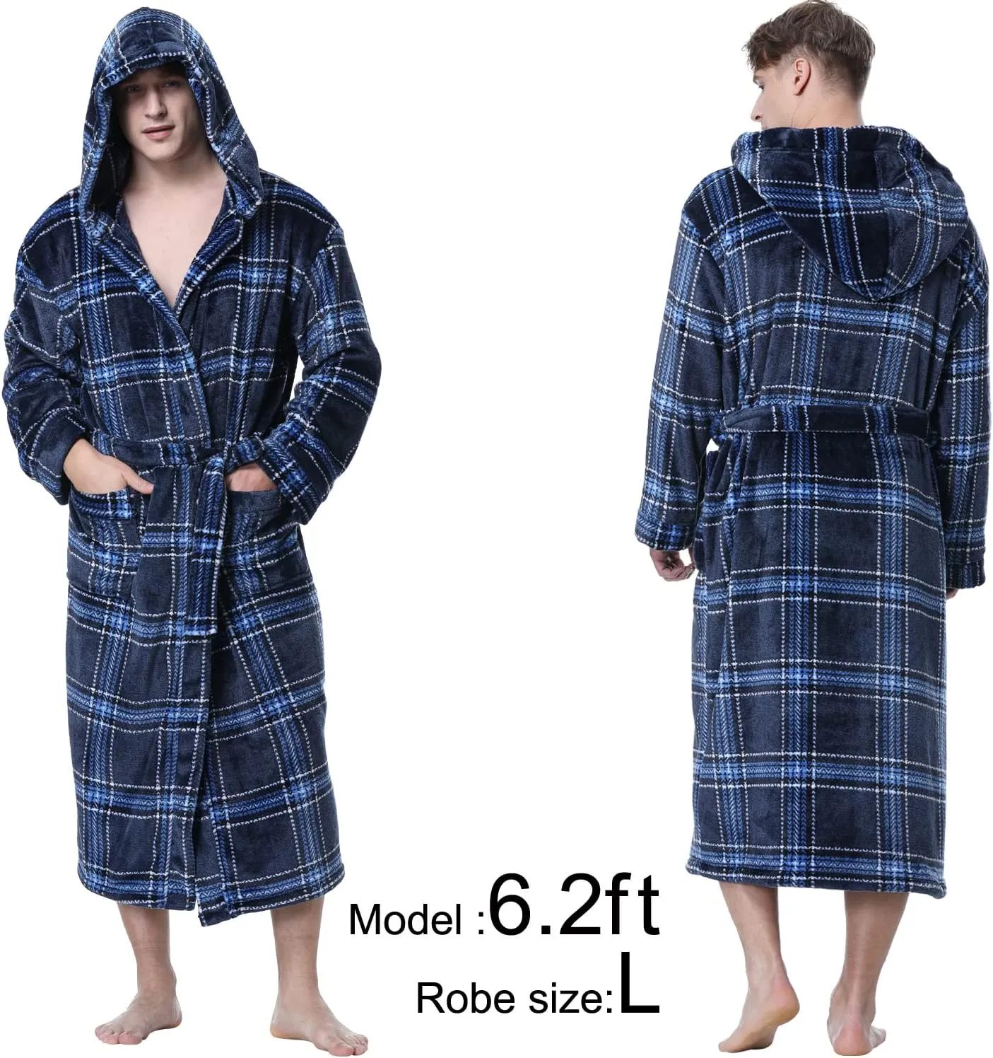 KEMUSI Hooded Herringbone Men's Soft Spa Full Lenght Bathrobe,Comfy Full Length Warm Nightdress