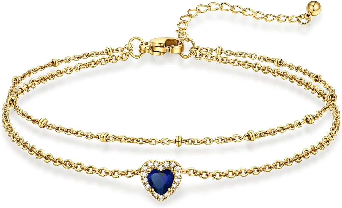 KeyStyle Stainless Steel Anklets for Women with Birthstone - Adjustable Gold Ankle Bracelets for Beach Weddings, Summer Vacations & Pool Parties (8.5" 2" Chain)