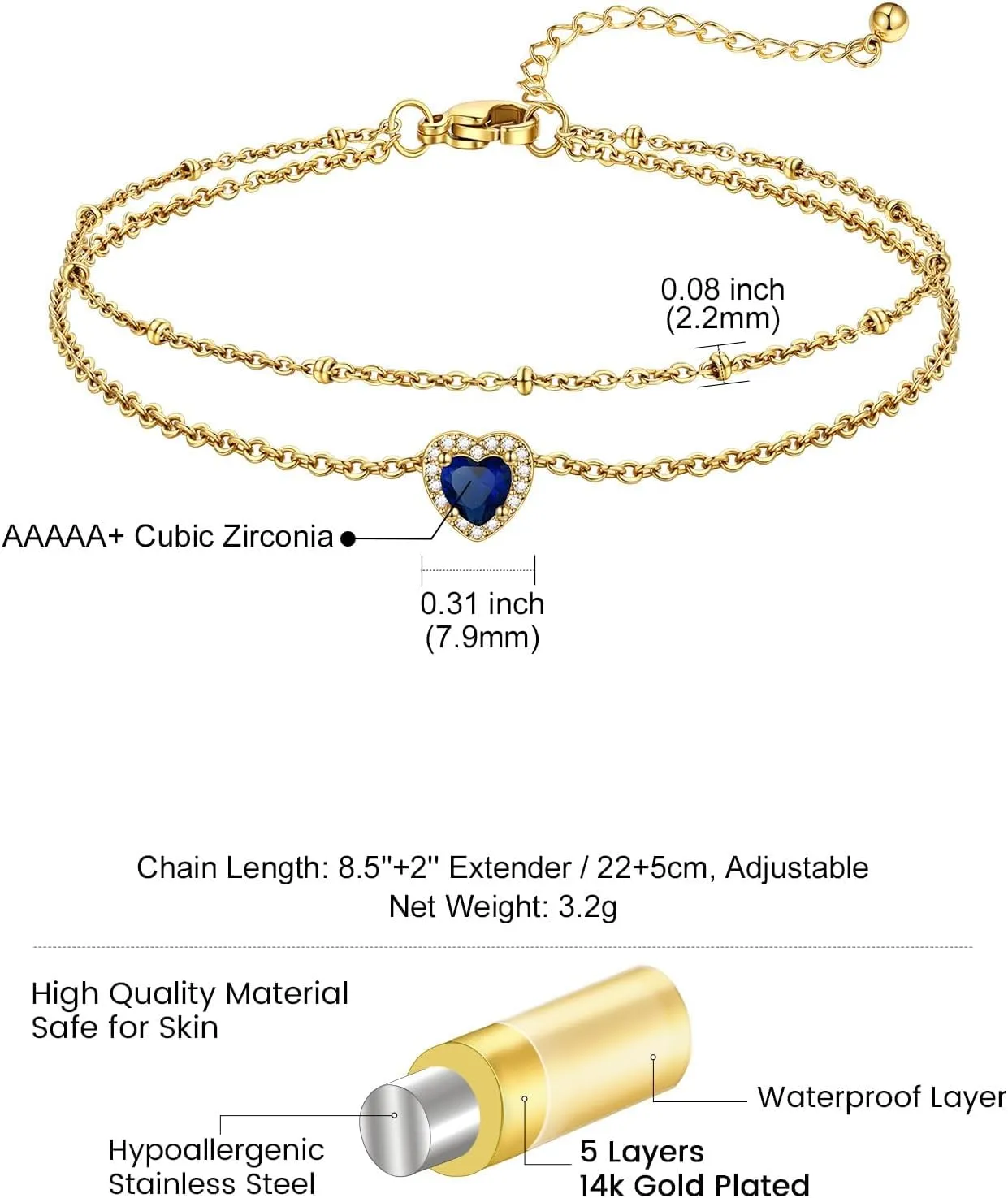 KeyStyle Stainless Steel Anklets for Women with Birthstone - Adjustable Gold Ankle Bracelets for Beach Weddings, Summer Vacations & Pool Parties (8.5" 2" Chain)