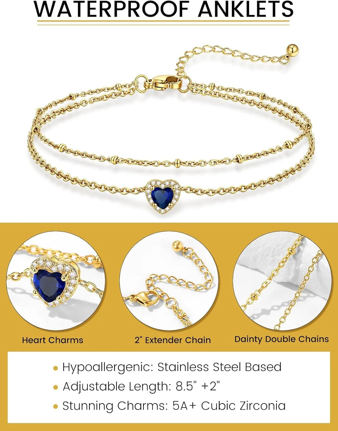 KeyStyle Stainless Steel Anklets for Women with Birthstone - Adjustable Gold Ankle Bracelets for Beach Weddings, Summer Vacations & Pool Parties (8.5" 2" Chain)