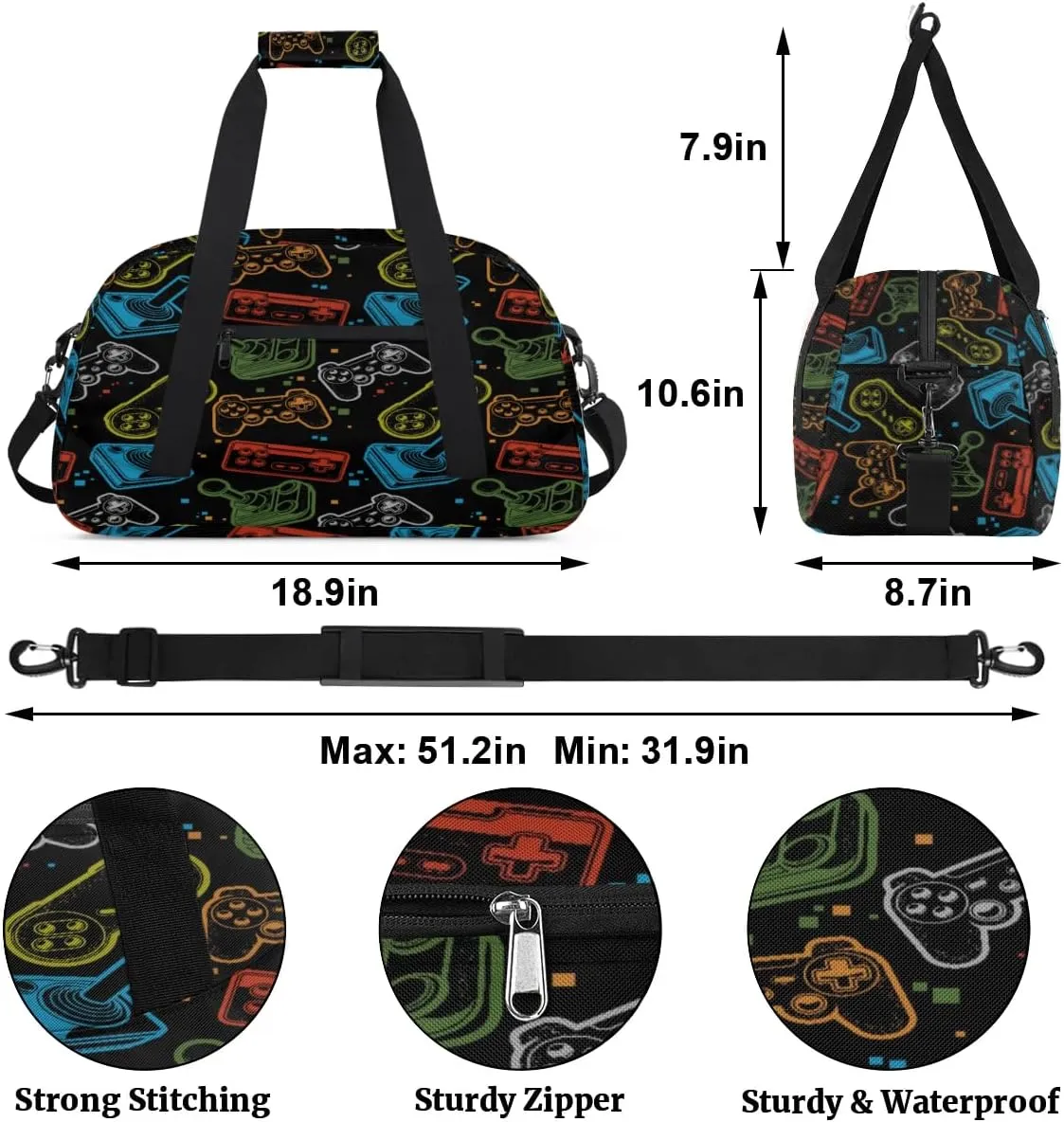 Kids Duffle Bag Boys Game Theme Large Capacity Waterproof Carry On Gym Sport Weekender Bag with Adjustable & Removable Shoulder Strap for Travel Sport School