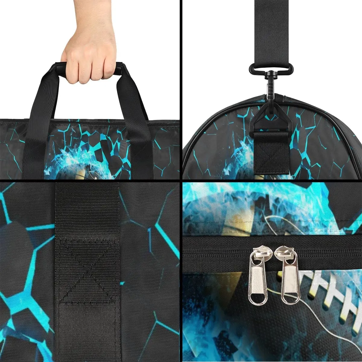Kids Overnighter Duffel Bags for Boys Girls, Blue Football Carry-On Size Sports Gym Bag with Shoe Compartments for School Practice or Overnight Travel Weekender Sleepover Tote Bag