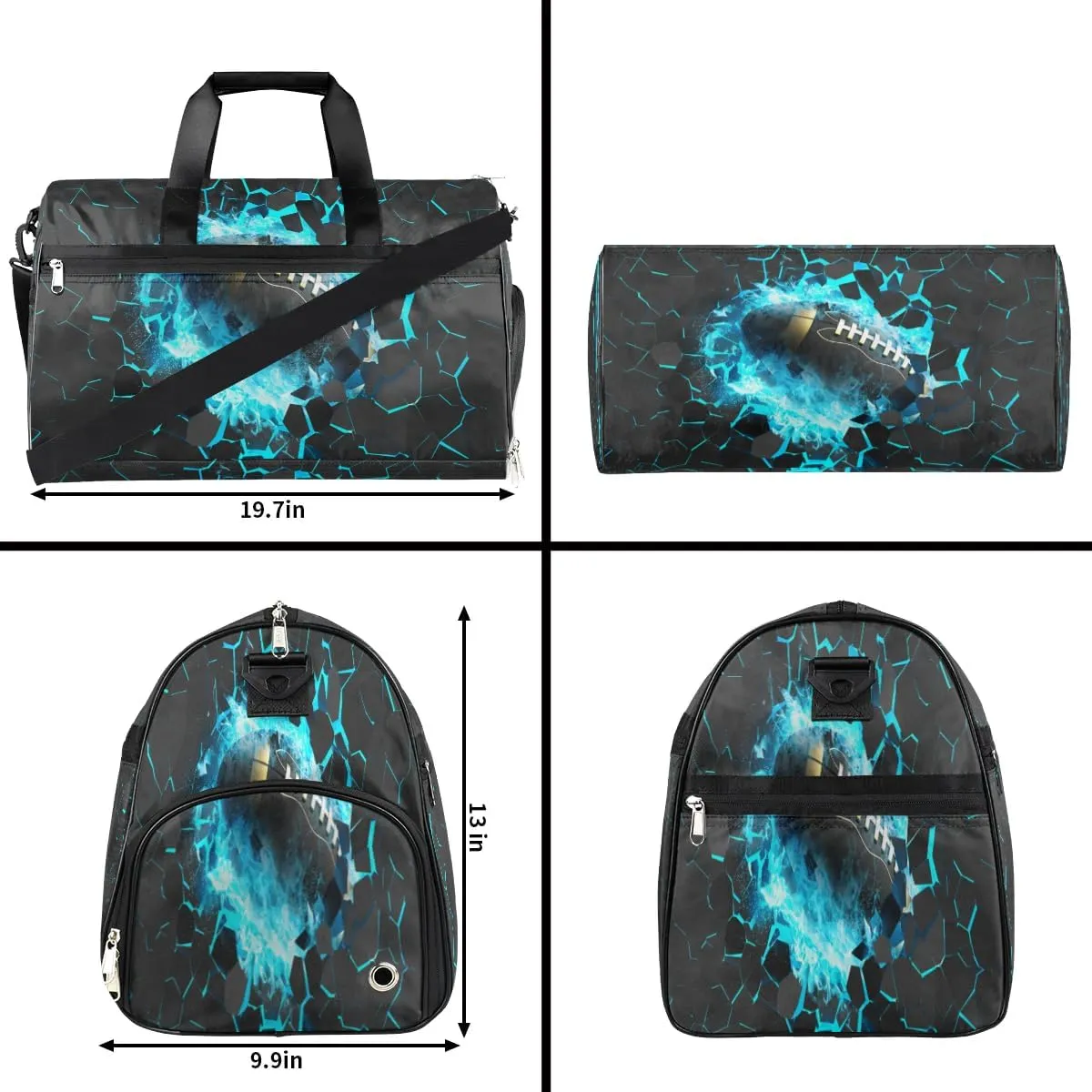 Kids Overnighter Duffel Bags for Boys Girls, Blue Football Carry-On Size Sports Gym Bag with Shoe Compartments for School Practice or Overnight Travel Weekender Sleepover Tote Bag