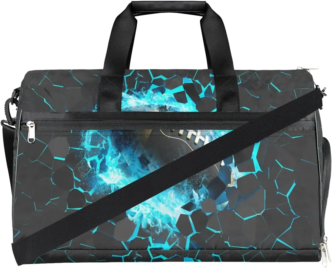 Kids Overnighter Duffel Bags for Boys Girls, Blue Football Carry-On Size Sports Gym Bag with Shoe Compartments for School Practice or Overnight Travel Weekender Sleepover Tote Bag