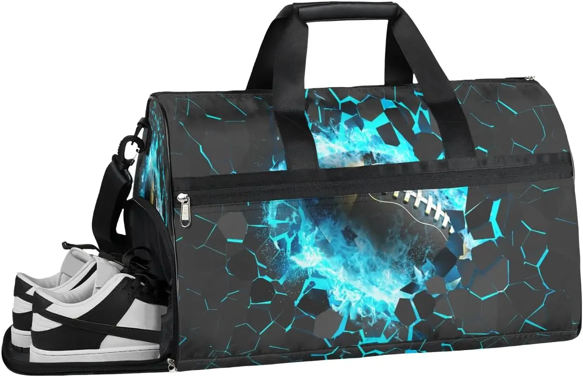 Kids Overnighter Duffel Bags for Boys Girls, Blue Football Carry-On Size Sports Gym Bag with Shoe Compartments for School Practice or Overnight Travel Weekender Sleepover Tote Bag