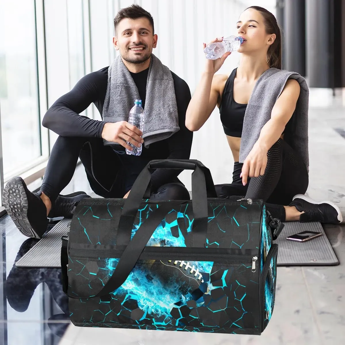 Kids Overnighter Duffel Bags for Boys Girls, Blue Football Carry-On Size Sports Gym Bag with Shoe Compartments for School Practice or Overnight Travel Weekender Sleepover Tote Bag