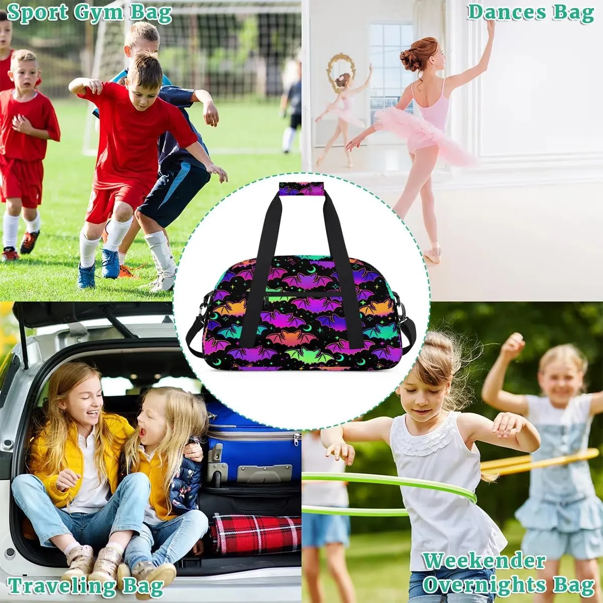 Kids Overnighter Duffel Bags for Boys Girls, Halloween Bat Carry-On Size Sports Gym Bag for School Practice or Overnight Travel Weekender Sleepover Workout Tote Bag