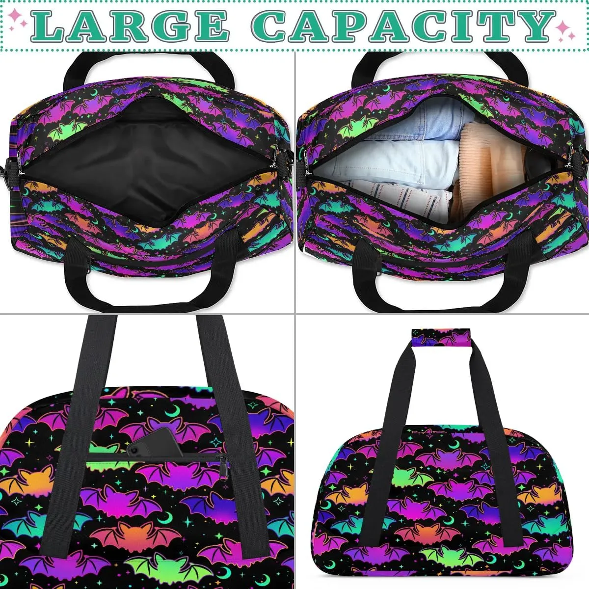 Kids Overnighter Duffel Bags for Boys Girls, Halloween Bat Carry-On Size Sports Gym Bag for School Practice or Overnight Travel Weekender Sleepover Workout Tote Bag