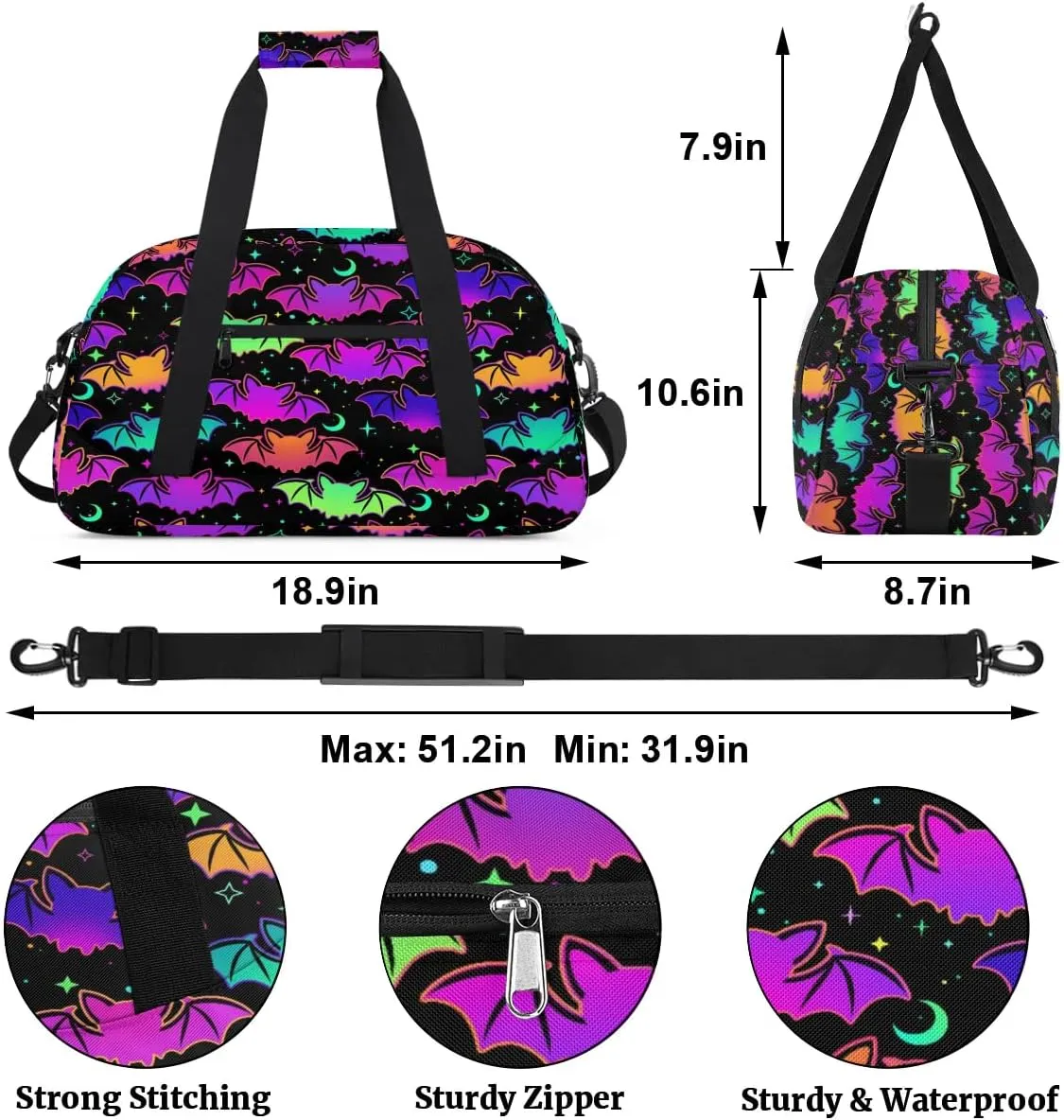 Kids Overnighter Duffel Bags for Boys Girls, Halloween Bat Carry-On Size Sports Gym Bag for School Practice or Overnight Travel Weekender Sleepover Workout Tote Bag