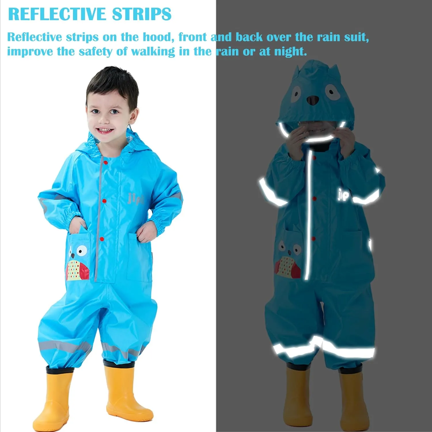 Kids Toddler Rain Suit for Boys Girls One Piece Hoodie Zipper Cute Cartoon Waterproof Rain Jacket 1-10 Years S-XL Size